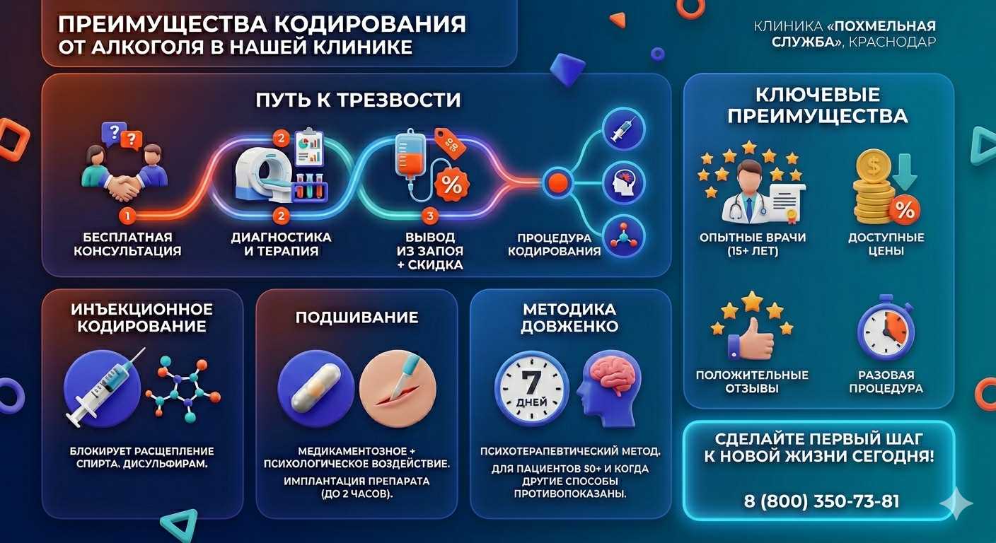 Инфографика о методах кодирования от алкоголя в Родниковской: инъекции, подшивание, метод Довженко. Преимущества клиники и этапы лечения.